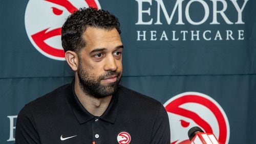Hawks general manager Landry Fields addresses reporters questions at the team’s practice facility Wednesday, Feb 22, 2023 at the team’s practice facility after it was announced he made the decision to fire coach Nate McMillan.  (Jenni Girtman for The Atlanta Journal-Constitution)