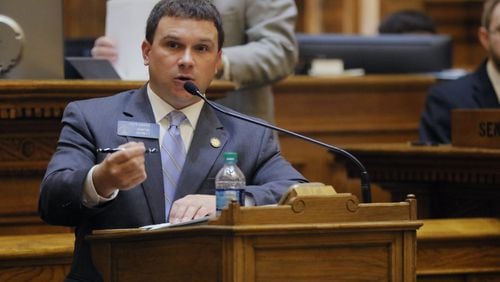 Feb. 24 2017 - Atlanta - Senator Tyler Harper presents SB 160. The senate passed SB 160, the “Back the Badge Act of 2017”, which expands the definition of assault/battery on-duty law enforcement officers, including a new mandatory sentence requirement. It also adds juveniles to the list of those who can be penalized. The 24th day of the Georgia General Assembly. BOB ANDRES /BANDRES@AJC.COM