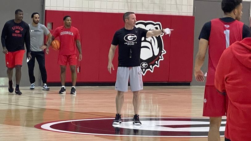 First-year Georgia basketball coach Mike White directs the Bulldogs during a practice on Wednesday, Oct. 5, 2022, at UGA's Stegeman Training Facility. (Photo by Chip Towers/ctowers@ajc.com)