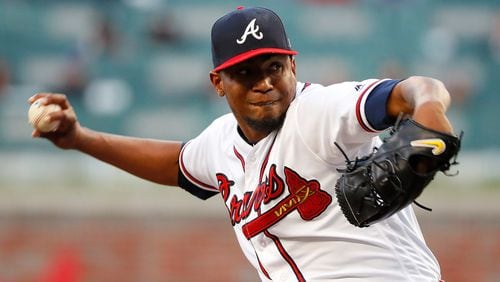 Julio Teheran  of the Atlanta Braves pitches in the first inning against the Philadelphia Phillies at SunTrust Park on April 16, 2018 in Atlanta, Georgia.  (Photo by Kevin C. Cox/Getty Images)