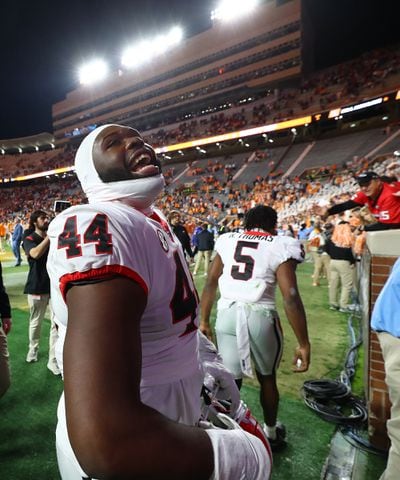 Georgia defensive lineman Jordan Hall reacts to a 38-10 victory over Tennessee in a NCAA college football game on Saturday, Nov. 18, 2023, in Knoxville.  Curtis Compton for the Atlanta Journal Constitution