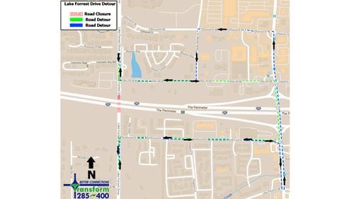 Map depicts the recommended detours when Lake Forrest Drive is closed at I-285 in Sandy Springs. GEORGIA DEPARTMENT OF TRANSPORTATION