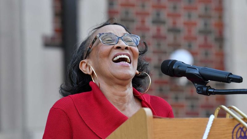 Edna Lowe Swift laughs during her speech on Nov. 17, 2021 at Agnes Scott College to celebrate the 50th anniversary as the school's first Black graduate. (Hyosub Shin / hyosub.shin@ajc.com)