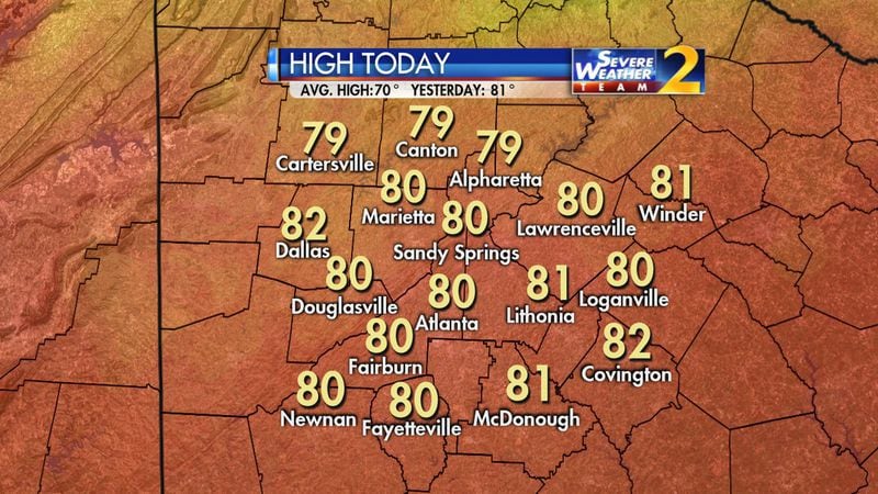 Forecast highs are in the 80s in metro Atlanta Tuesday. (Credit: Channel 2 Action News)