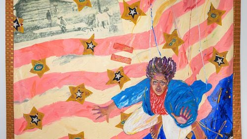 This painting by Emma Amos is featured in the new Georgia Museum show, "Emma Amos: Color Odyssey." The Atlanta-born artist created this in1992. The exhibition is considered the first and long overdue retrospective of the artist's work.