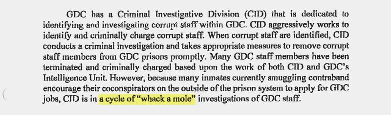 A murder indictment describes widespread problems with Georgia Department of Corrections employees smuggling in contraband. The indictment called efforts to stop the corruption "a cycle of 'whack a mole' investigations." The murder case stemmed from a contraband enterprise at Smith State Prison.