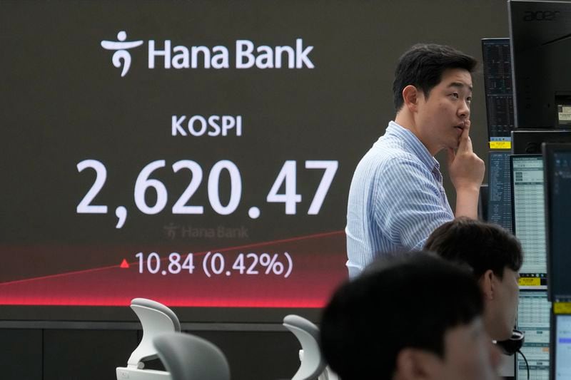 A currency trader watches monitors near the screen showing the Korea Composite Stock Price Index (KOSPI) at the foreign exchange dealing room of the KEB Hana Bank headquarters in Seoul, South Korea, Wednesday, April 17, 2024. (AP Photo/Ahn Young-joon)