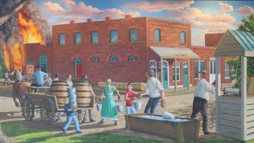 This painting of the volunteer bucket brigade putting out the fire near the current Antiques in Old Town building on Main Street is hung in the Firehouse Subs restaurant in Lilburn. (Courtesy City of Lilburn)