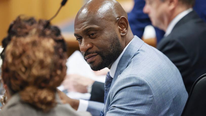 Special Prosecutor Nathan Wade, representing the District Attorney's office, argued before Fulton County Superior Judge Scott McAfee who heard motions from attorneys representing Ken Chesebro and Sidney Powell in Atlanta on Wednesday, Sept. 6, 2023.   (AP photo/Jason Getz, Pool )