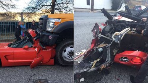 A truck crushed a Corvette Wednesday morning. (Credit: Channel 2 Action News)