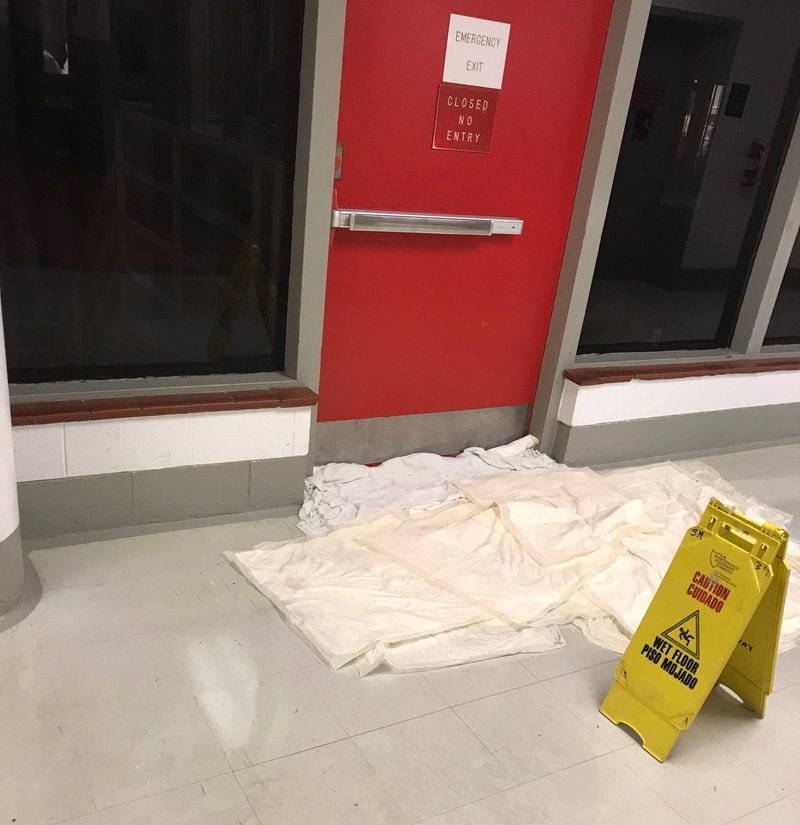 When it rains, large pads are required to soak up the water leaking around doors at Augusta State Medical Prison.