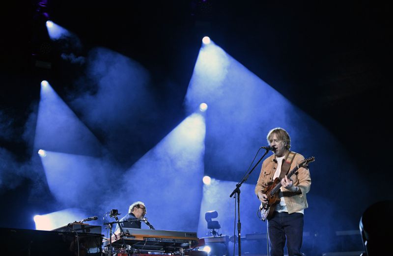 Keyboardist Page McConnell, left, and Trey Anastasio, guitarist and singer-songwriter of the band Phish, rehearse before the group's four-night engagement at the Sphere on Tuesday, April 16, 2024, in Las Vegas. (AP Photo/David Becker)