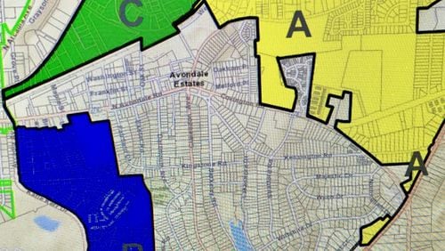 Avondale Estates recently produced this new annexation study map that is roughly twice as large as its last study map in Jan. 2017. The annexation study areas are A, B and C, with current city limits inside the black borders. The expanded areas are essentialy C, which stretches up Clarendon Ave to the Steel LLC plant in Scottdale, and A which surrounds the Rockbridge Road sector. City Manager Patrick Bryant said recently that Avondale will likely spend most of 2019 studying and discussing annexation scenarios. Courtesy of Avondale Estates