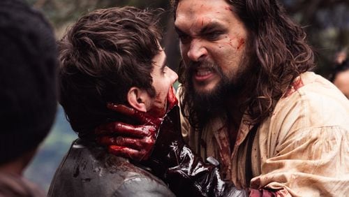 Michael Smyth (Landon Liboiron) and Declan Harp (Jason Momoa) in Frontier, the six-episode, one-hour drama from NETFLIX series currently shooting in Newfoundland, Canada. FRONTIER follows the chaotic and violent struggle to control wealth and power in the North American fur trade of the late 18th century, created by Rob Blackie and Peter Blackie, directed by Brad Peyton.​ ​Photo credit: Duncan de Young