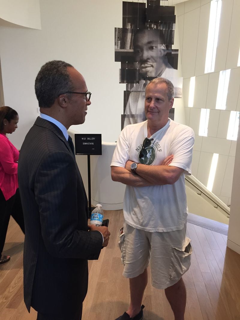 Lester Holt of NBC Nightly News randomly ran into actor Jeff Daniels, who happened to be visiting the Museum of Civil and Human Rights on an off day from shooting the "Divergent" film series. CREDIT: Rodney Ho/rho@ajc.com