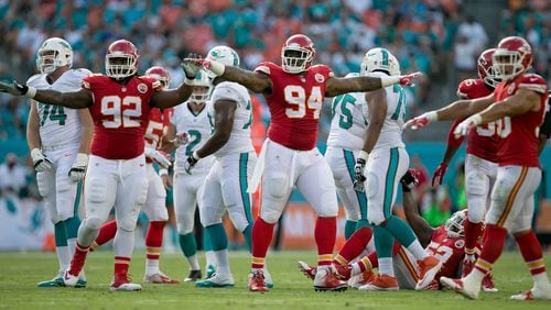 Kansas City Chiefs nose tackle Dontari Poe (92) and Kansas City Chiefs defensive tackle Kevin Vickerson (94) react to Miami Dolphins kicker Caleb Sturgis (9) missing a field goal in the second quarter at Sun Life Stadium in Miami Gardens, Florida on September 21, 2014. (Allen Eyestone / The Palm Beach Post)