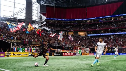 Atlanta United defender George Campbell clearing the ball during the match against the New England Revolution at Mercedes-Benz Stadium in Atlanta, Georgia on Saturday July 17, 2021. (Photo by Dakota Williams/Atlanta United)