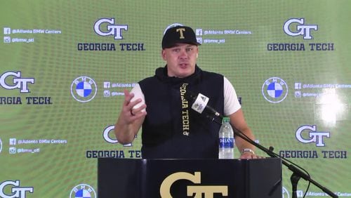 Georgia Tech football coach Geoff Collins addresses media following 46-27 win over Louisville Friday, Oct. 9, 2020, in Atlanta.