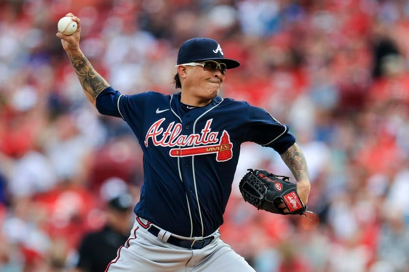Atlanta Braves' Jesse Chavez throws during the first inning of a baseball game against the Cincinnati Reds in Cincinnati, Thursday, June 24, 2021. (AP Photo/Aaron Doster)