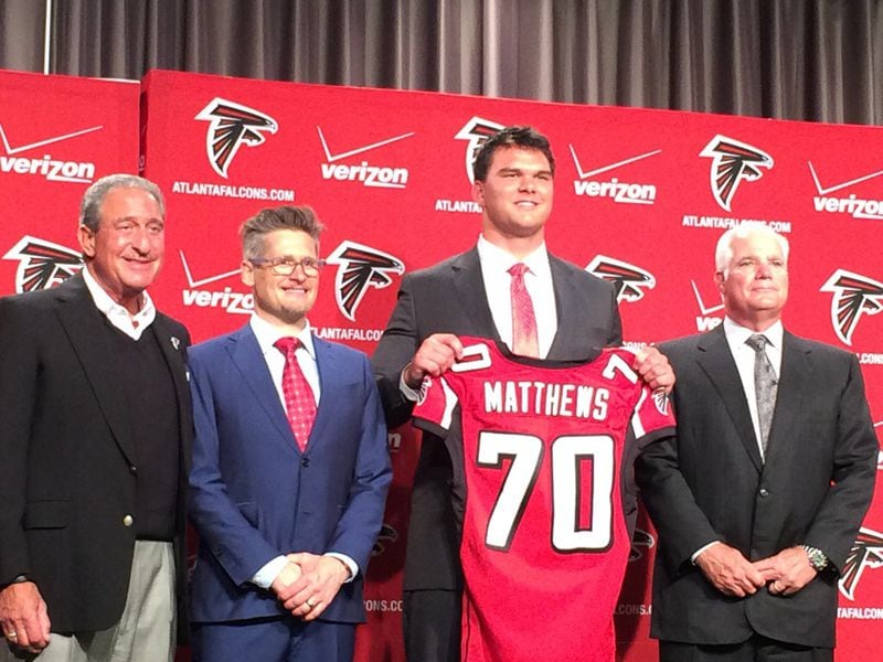 The Falcons are getting first-round pick Jake Matthews ready to start at right tackle. (Associated Press/Jason Getz)