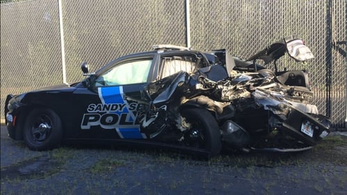 A photo of the Sandy Springs police car after it was stuck.