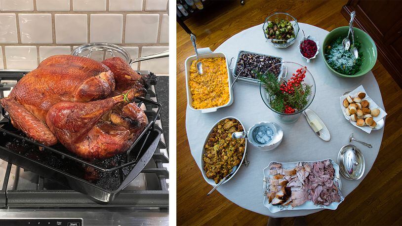 Memories from past Thanksgivings include: a turkey cooked on a Big Green Egg in 2021 (left) and a holiday spread from 2017. Henri Hollis/henri.hollis@ajc.com