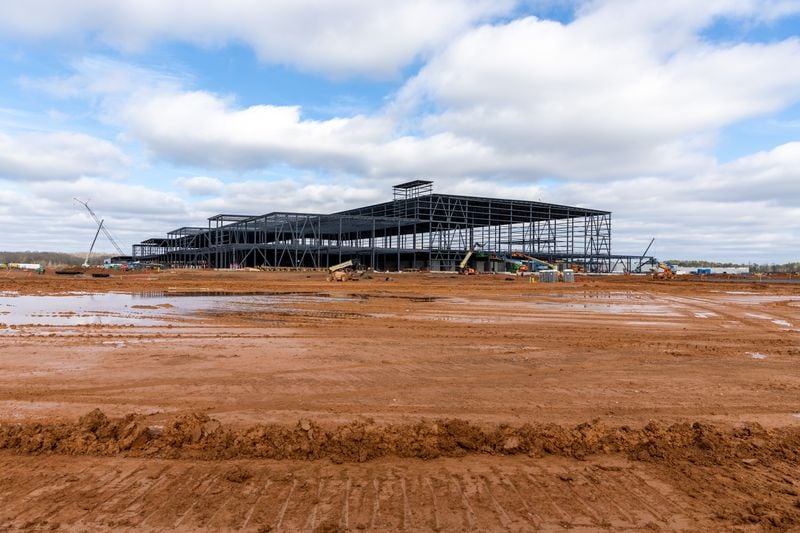 A view of construction for Qcell’s new solar manufacturing plant in Cartersville on Wednesday, Jan. 10, 2024. (Arvin Temkar / arvin.temkar@ajc.com)
