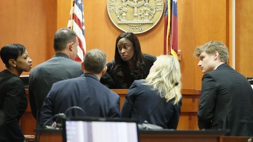 September 26, 2019 - Decatur - Judge LaTisha Dear Jackson holds a bench conference with attorneys during a break in afternoon testimony. The murder trial of former DeKalb County Police Officer Robert “Chip” Olsen concluded its first week. Bob Andres / robert.andres@ajc.com