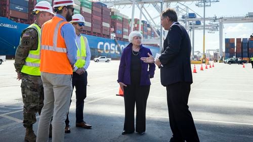 U.S. Treasury Secretary Janet Yellen meets with Georgia Ports Authority’s President and CEO Griff Lynch, right, and members of the Army Corps of Engineers during a tour of the Port of Savannah Garden City Terminal on Friday. (GPA Photo/Stephen B. Morton)
