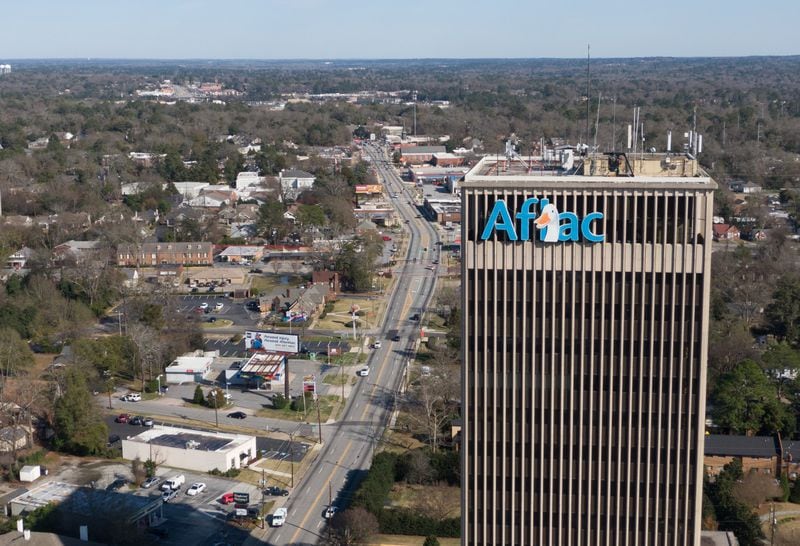 Aerial photo of Aflac Worldwide Headquarters in Columbus. The Aflac duck has become so important to the company’s brand that a duck image is now embedded in the insurance company’s name. (Hyosub Shin / Hyosub.Shin@ajc.com)