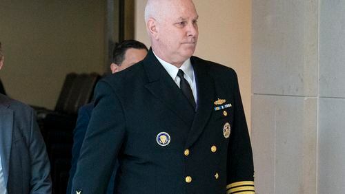 FILE - Vice Chairman of the Joint Chiefs, Adm. Christopher Grady, right, arrives for a closed door briefing about the leaked highly classified military documents, on Capitol Hill, April 19, 2023, in Washington. Grady says there's been no final decision on whether or not all U.S. troops will leave Niger and Chad. (AP Photo/Alex Brandon, File)
