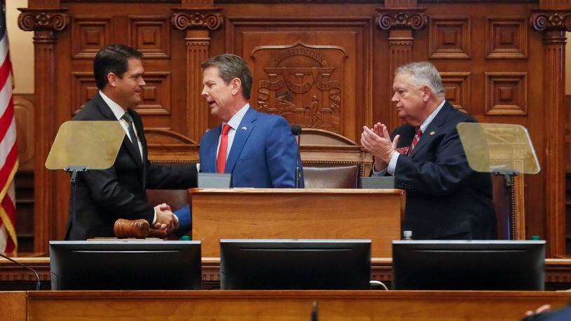 January 16, 2020 - Atlanta - Gov. Brian Kemp shook hands with Lt. Gov. Geoff Duncan (left) and House Speaker David Ralston after he delivered his second State of the State address as the Georgia 2020 General Assembly continued for it's fourth legislative day. The governor and the house honored former U.S. Senator Johnny Isakson during the session.  Bob Andres / bandres@ajc.com