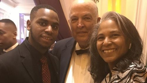 Riheem Jefferson (left), with his mentor Don Chapman and Evelyn Lavizzo, executive director of the Carrie Steele-Pitts Home in Atlanta. Jefferson, who has aged out of foster care, lives in the group home at Carrie Steele-Pitts when he’s not at college. CONTRIBUTED