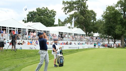 Matt Kuchar, on his way to a bogey on No. 18 Friday at the BMW Championship. (Photo by Andrew Redington/Getty Images)