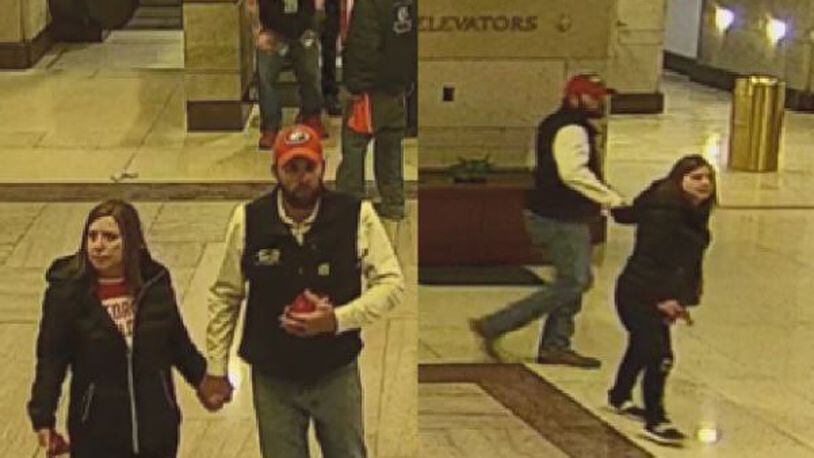 Federal authorities say still images from surveillance cameras show Charles Hand III and Mandy Robinson Hand of Butler Georgia inside the U.S. Capitol during the Jan. 6, 2021 riot. Both Hands were arrested March 11, 2022 and are charged with multiple misdemeanors.