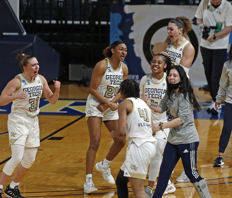 Georgia Tech celebrates their 54-52 overtime victory against Stephen F. Austin in the first round of the women's NCAA Tournament Sunday, March 21, 2021, at the Greehey Arena in San Antonio, Texas. (Ronald Cortes/AP)
