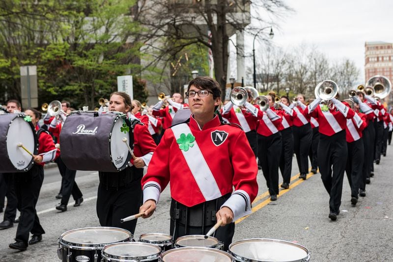 A marching band performs during the 2017 Atlanta St. Patrick's Day parade. 