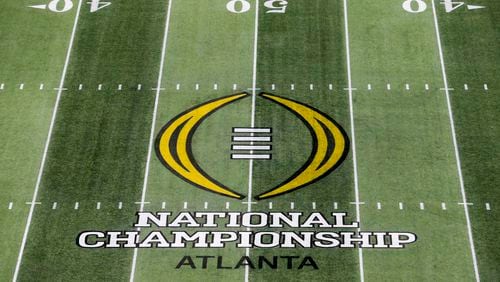 The College Football Playoff National Championship logo before the game between the Alabama Crimson Tide and the Georgia Bulldogs during the College Football Playoff National Championship at Mercedes-Benz stadium in Atlanta, Monday, Jan. 8, 2018. ALYSSA POINTER/ALYSSA.POINTER@AJC.COM
