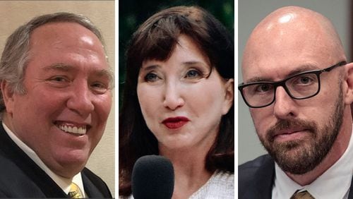Libertarian candidates (from left), Brian Slowinski who is running for the U.S. Senate seat held by Kelly Loeffler, presidential candidate Jo Jorgenson and Shane Hazel, who is running for the U.S. Senate seat held by David Perdue.