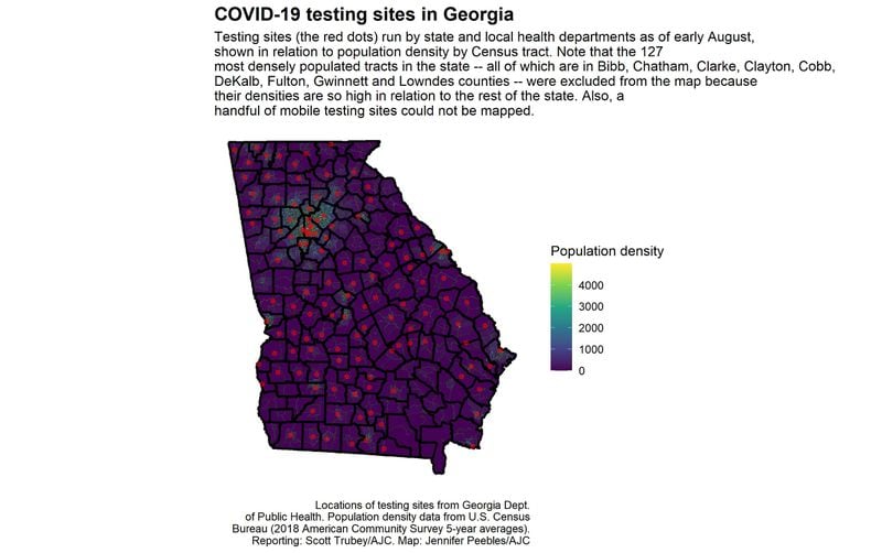 Georgia coronavirus testing sites mapped in relation to population density.