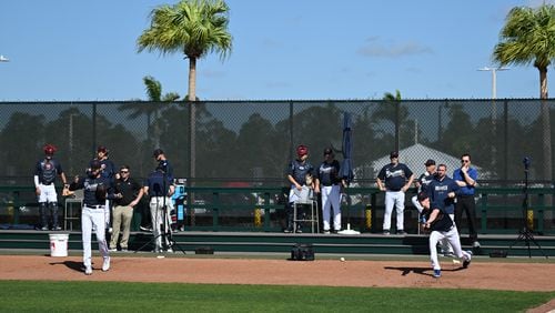 Braves starting pitchers Ian Anderson (left) and Max Fried (right) throw a pitch during Braves spring training at CoolToday Park, Thursday, Feb. 16, 2023, in North Port, Fla.. (Hyosub Shin / Hyosub.Shin@ajc.com)