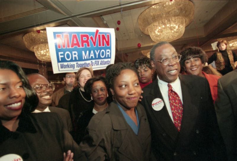 Atlanta mayoral candidate Marvin Arrington held his election night party at the Hilton Hotel during the run-off on Nov. 25, 1997. Arrington lost the mayoral election that night to the incumbent mayor Bill Campbell. (Rich Addicks / AJC Archive at GSU Library AJCNS1997-11-25-01e)