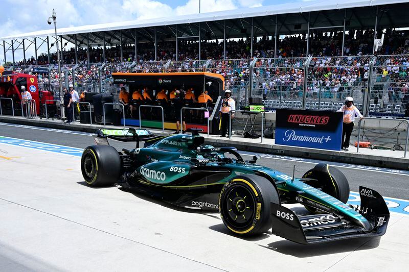 Aston Martin driver Lance Stroll, of Canada, leaves the pit during the Sprint race at the Miami Formula One Grand Prix, Friday, May 3, 2024, in Miami Gardens, Fla. (Giorgio Viera/Pool Photo via AP)