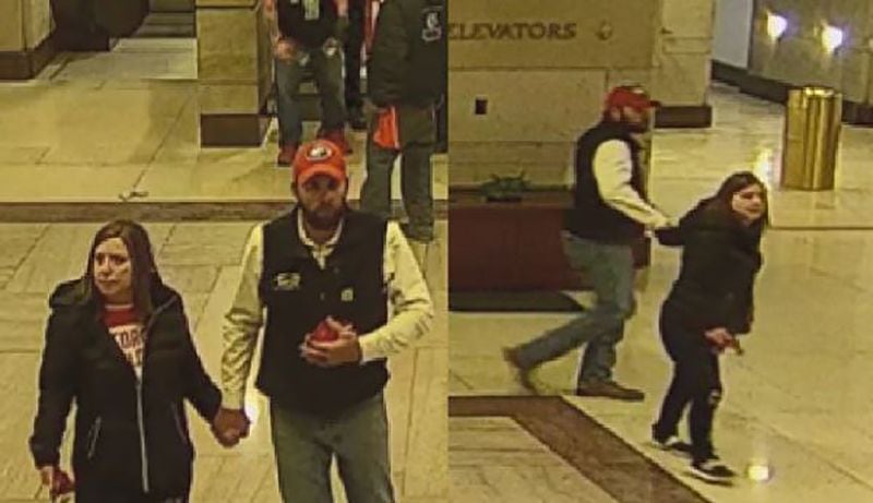 Federal authorities say still images from surveillance cameras show Charles Hand III and Mandy Robinson Hand of Butler, Georgia, inside the U.S. Capitol during the Jan. 6, 2021, riot. Robinson-Hand, the GOP chair of Taylor County, was listed as a "county captain" for Herschel Walker's U.S. Senate campaign. (Chris Joyner/Atlanta Journal-Constitution/TNS)