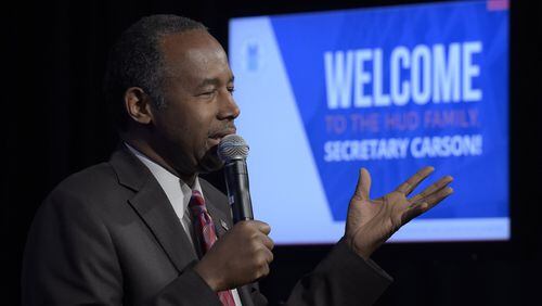 Housing a Urban Development (HUD) Secretary Ben Carson speaks to HUD employees in Washington. Carson sought Thursday, March 9, 2017, to reassure his agency that budget cuts may not be as steep as some fear. (AP Photo/Susan Walsh, File)
