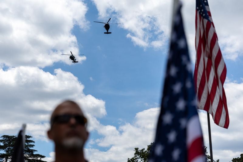 A military flyover takes place at the service of Medal of Honor recipient Luther Story, who was reinterred with military honors at Andersonville National Cemetery on Memorial Day, Monday, May 29, 2023. The Korean War hero was initially unidentified and buried as an unknown soldier at the National Memorial Cemetery of the Pacific in Honolulu. (Arvin Temkar / arvin.temkar@ajc.com)