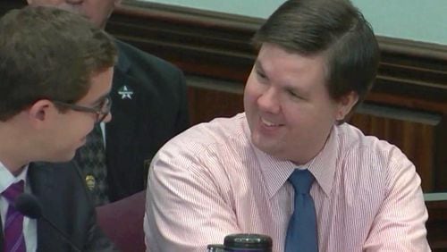 Ross Harris sits at the defense table Tuesday as the hot-car murder trial jury began deliberating his fate. (Screen capture from WSB-TV) WSB-TV