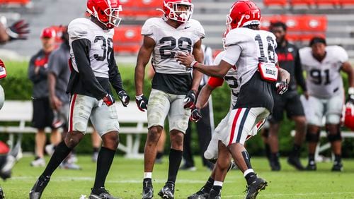 Georgia safeties Christopher Smith (29) and Lewis Cine (16) will lead a young and experienced secondary into the G-Day Game at Sanford Stadium on Saturday. (Photo by Tony Walsh/UGA Athletics)