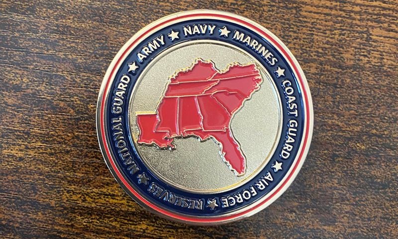 Atlanta United players Miles Robinson, Brooks Lennon, Brad Guzan and Caleb Wiley were given "challenge coins" during their visit to Fort Bragg in North Carolina on Tuesday. (USO photo)