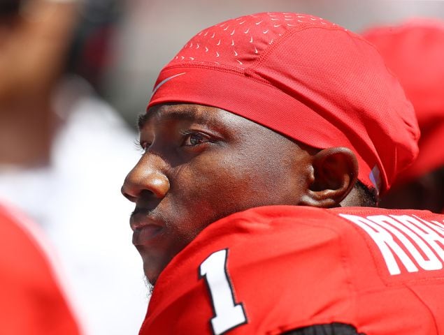 Georgia defensive back Ellis Robinson IV watches from the sideline.  Curtis Compton for the Atlanta Journal Constitution